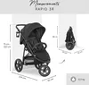 A diagram showing the measurements of a black stroller, including its dimensions when open and folded, and its weight. Anteprima dell’immagine prodotto