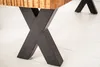 A close-up shot of the base of a wooden bench with black X-shaped legs. Produktbild-Vorschau