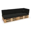 A sectional sofa made from wooden pallets with black cushions, shown against a white background. Produktbild-Vorschau