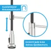 A close-up view of a kitchen faucet's pull-out hose and spray head, with informational overlays. Produktbild-Vorschau