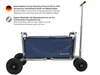 A blue beach wagon with text overlays describing its features. Produktbild-Vorschau