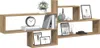 A wooden wall shelf unit with various decorative items and books. Voir les images du produit