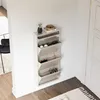A narrow shoe cabinet with four flip-down compartments is mounted on a white wall next to a doorway. The cabinet is filled with shoes. A small potted cactus and a decorative bowl sit on top of the cabinet. Voir les images du produit