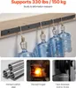 A metal track is mounted on a wooden board, with four large water bottles hanging from hooks attached to the track. Below this main image are three smaller inset images: one showing metal tubes, another showing a piece of metal being forged with sparks, an Podgląd zdjęcia produktu