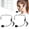 A woman wearing a headset microphone, with two headset microphones shown below. Produktbild-Vorschau