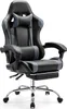 A black and gray gaming chair with a footrest is shown against a white background.