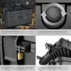 A collage of four images showing a black hard-shell case with different features highlighted. Produktbild-Vorschau