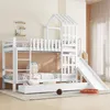 A white bunk bed with a slide and a house-like structure on top, set in a child's bedroom. Podgląd zdjęcia produktu