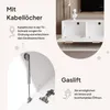 A collage of images showcasing features of a white TV cabinet, including cable management and gas lifts for doors. Náhled obrázku produktu