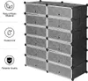 A modular storage cube unit with multiple transparent compartments, set against a white background. Text and icons on the left highlight product features. Produktbild-Vorschau