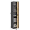 A tall, narrow cabinet with a natural wood colored door and grey sides, filled with folded clothes and storage boxes. Dimensions are indicated. Produktbild-Vorschau