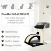 A cat tree with a scratching post and a hanging ball, set against a light background with cat silhouettes and paw prints on the wall. Anteprima dell’immagine prodotto