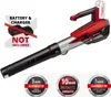 A red and black cordless leaf blower is shown against a white background, with promotional badges and text overlays. Produktbild-Vorschau