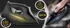 A split image showing a black steam iron on the left with graphic overlays and a hand holding a black steam iron on a garment on the right. Anteprima dell’immagine prodotto