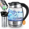 A glass electric kettle with blue water boiling inside, shown with a separate filter accessory and a row of other kettles in the background. Podgląd zdjęcia produktu