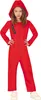 A young girl wearing a red hooded jumpsuit with a zipper. Náhled obrázku produktu