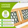 A close-up of a wooden garden bench with decorative green lattice elements, overlaid with marketing text and a brand logo. Náhľad obrázku produktu