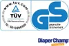 The image shows certification logos and the brand name 'Diaper Champ'. Produktbild-Vorschau