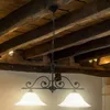 A chandelier with two white lampshades hangs from a wooden ceiling. Produktbild-Vorschau
