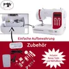 A sewing machine with accessories and storage compartment shown in a marketing layout. Produktbild-Vorschau