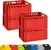 Four red plastic crates stacked in two pairs, with a row of different colored crates at the bottom. Produktbild-Vorschau