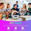 A group of friends are gathered around a table, enjoying music and drinks. A speaker with LED lights is prominently displayed. Produktbild-Vorschau