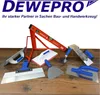 A collection of construction and plastering tools arranged on a wooden surface, with a company logo and slogan at the top. Produktbild-Vorschau