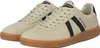 A pair of beige sneakers with black accents and a brown sole.