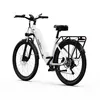 A white electric bicycle with black tires, seat, and rack, shown from a three-quarter side view against a white background. Produktbild-Vorschau