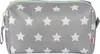 A gray toiletry bag with white stars and a green zipper. Produktbild-Vorschau