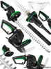 A collage of various parts and views of an electric hedge trimmer set, including safety glasses and a sword guard. Náhľad obrázku produktu