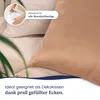 Close-up of pillows with a hand inserting one into a cover, and text overlays. Produktbild-Vorschau