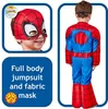 A collage showing a child wearing a Spiderman costume and a close-up of the costume's mask, with text describing the product. Produktbild-Vorschau
