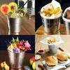 A collage of four images showing metal buckets used for various purposes, including holding drinks, fries, and flowers. Produktbild-Vorschau