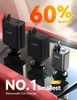 Three car chargers are displayed on a car's interior surface, with promotional text overlaying the image. Produktbild-Vorschau
