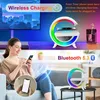 A collage showing a woman using a smartphone and a bedside lamp with wireless charging and Bluetooth features. Produktbild-Vorschau