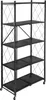 A black metal folding shelf unit with five perforated shelves and wheels, shown against a white background. Voir les images du produit