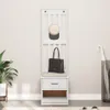 A white coat rack with a bench and storage is shown against a light gray wall. Podgląd zdjęcia produktu