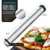 A stainless steel rolling pin is shown diagonally across an image, with a pizza in the foreground. Text and graphics highlight product features. Produktbild-Vorschau