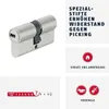A product image featuring a lock cylinder with accompanying marketing text and icons. Produktbild-Vorschau