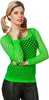 A woman wearing a neon green fishnet top and black pants, posing against a white background. Produktbild-Vorschau