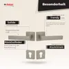 A marketing image showcasing a door handle set with various features highlighted by text. Produktbild-Vorschau