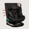A black car seat with teal accents, shown from a three-quarter front angle against a light beige background. Orange arrows indicate airflow on the side of the seat, and a close-up circle highlights the headrest padding. Produktbild-Vorschau