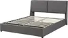A grey upholstered bed frame with wooden slats for mattress support. Voir les images du produit