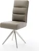 A studio shot of a modern dining chair with a leather seat and a metal base. Produktbild-Vorschau