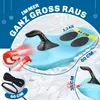 A light blue sled with black handles and red accents, shown on a snowy background with text overlays and measurements. Produktbild-Vorschau