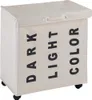 A beige laundry sorter with three compartments labeled 'DARK', 'LIGHT', and 'COLOR', shown on a white background with wheels. Produktbild-Vorschau