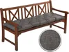 A wooden bench with a gray cushion on it, shown against a white background. Produktbild-Vorschau