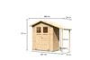A wooden garden shed with dimensions indicated by measurement lines and numbers. Produktbild-Vorschau