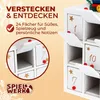A close-up view of a white wooden advent calendar with numbered drawers, some open, showing the interior. Text and a logo are overlaid on the left side of the image. Produktbild-Vorschau